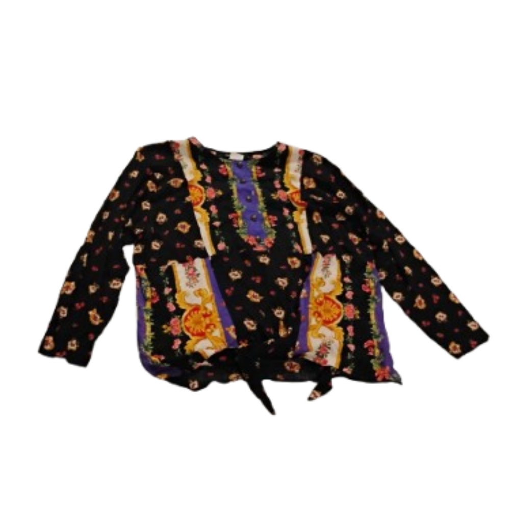Vintage 1980s 1990s Carole Little Maximalist Mixed Print Front tie Buttoned Top